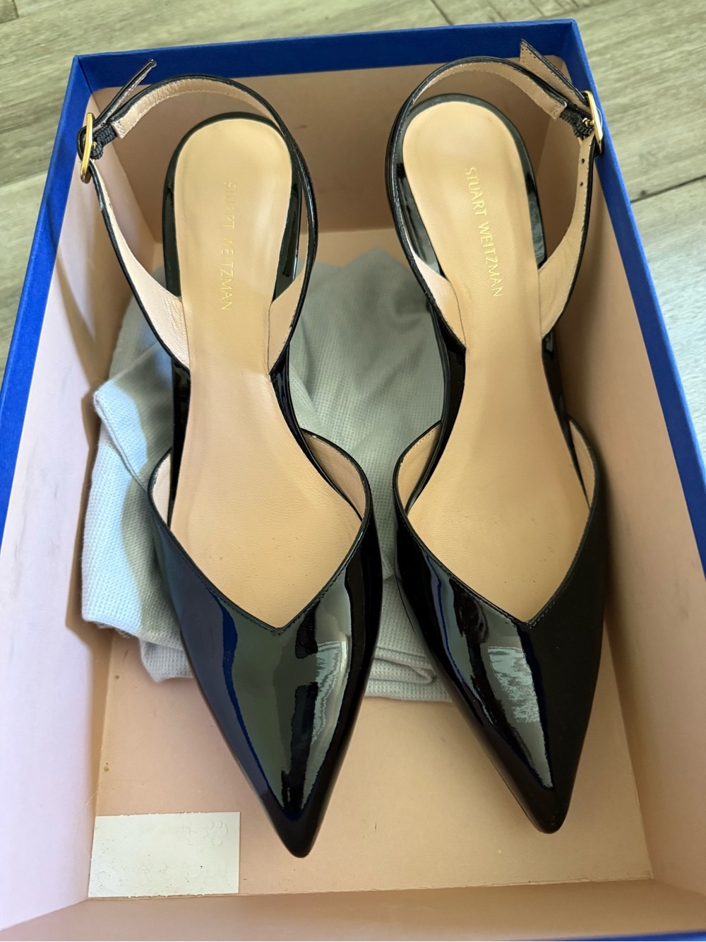 Stuart Weitzman Black Patent Leather Pointed Slingback Flats